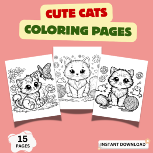 Cute cat coloring pages printable cover showing kitten designs with flowers and yarn balls for kids