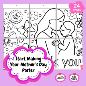 Mother’s Day collaboration poster printable preview showing 24-page coloring activity with mom and child illustration for classroom use