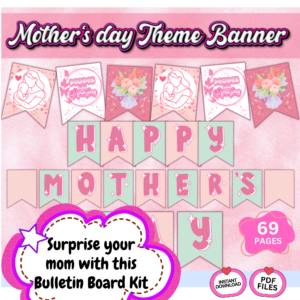 Mother’s Day bulletin board banner printable showing happy mothers day letters and decorative pink theme classroom decor