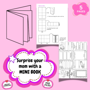 Mother’s Day mini book printable preview showing foldable booklet pages, instructions, and kids activity gift for mom PDF download