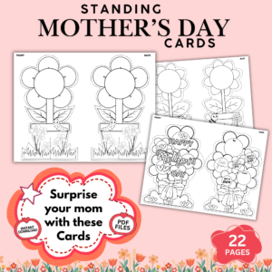 standing mothers day cards printable pdf, flower coloring card craft for kids, diy printable mothers day cards with stand, instant download gift for mom