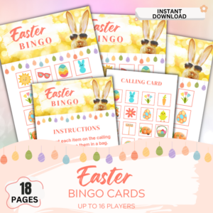 Easter Bingo printable game for kids with 18 pages, colorful bingo cards, calling cards, and instant download Easter activity