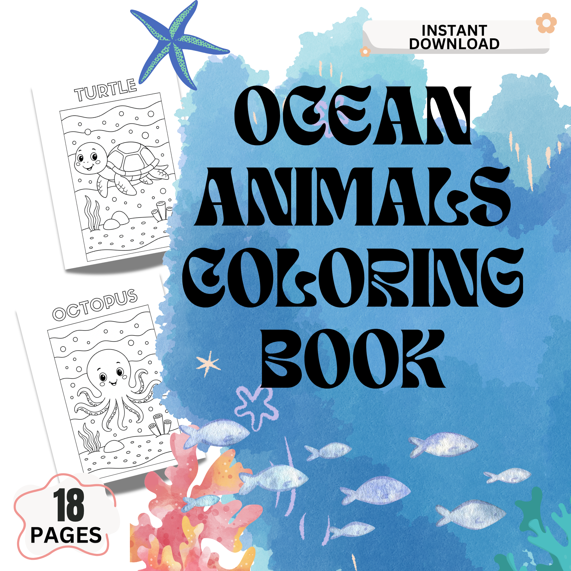 Ocean Animals Coloring Book Printable for Kids | 19 Pages PDF 1 Ocean animals coloring book printable for kids with 19 pages featuring sea animals and instant download PDF activity