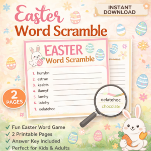 Easter word scramble printable featuring bunny, eggs, and colorful design with 2 pages and answer key included for kids and adults