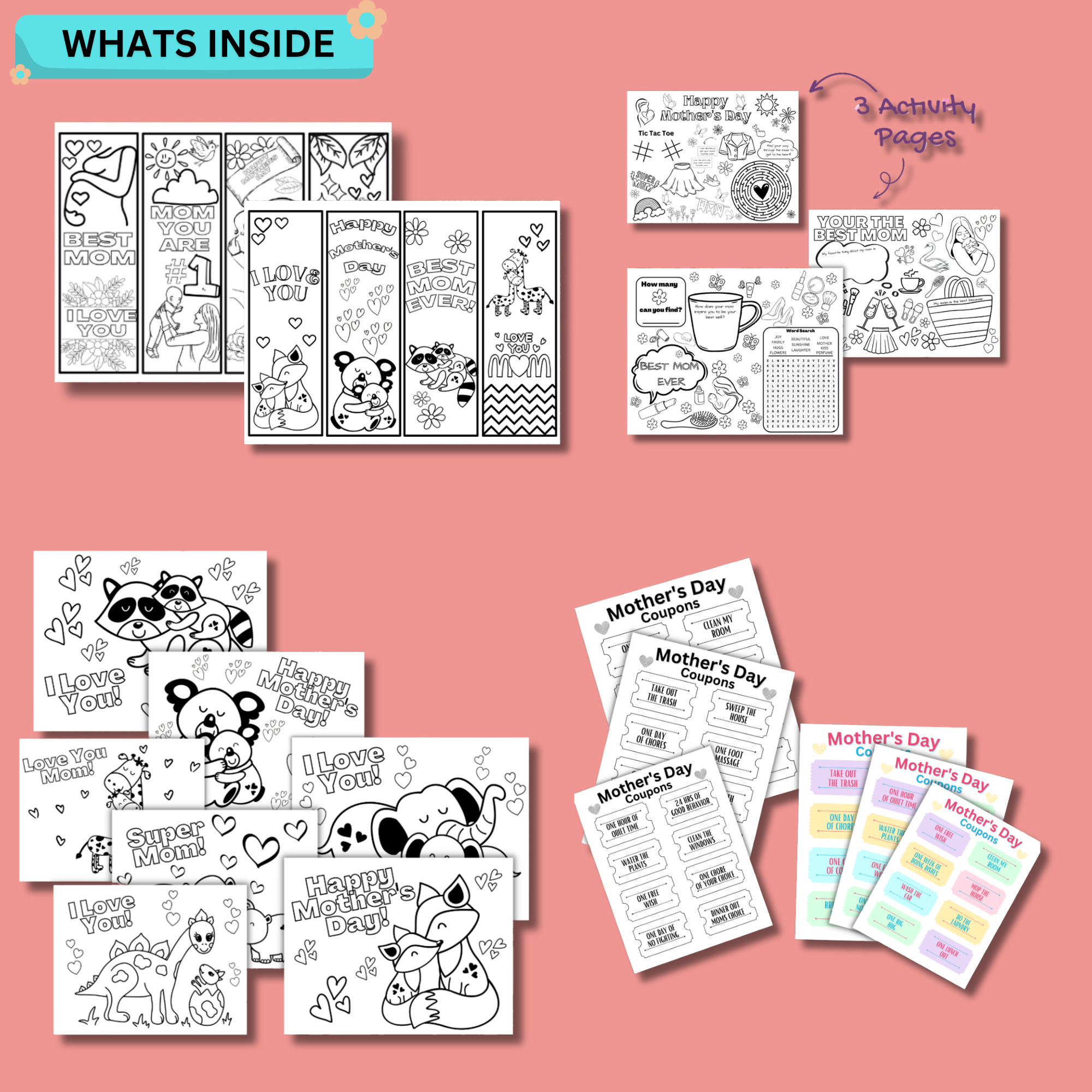 Mother’s Day Activity Bundle Printable PDF – Kids Coloring Pages, All About My Mom Worksheet, I Spy, Word Search, Instant Download 2 Mother’s Day printable bundle showing coloring pages, bookmarks, activity worksheets, and coupons included in the PDF set