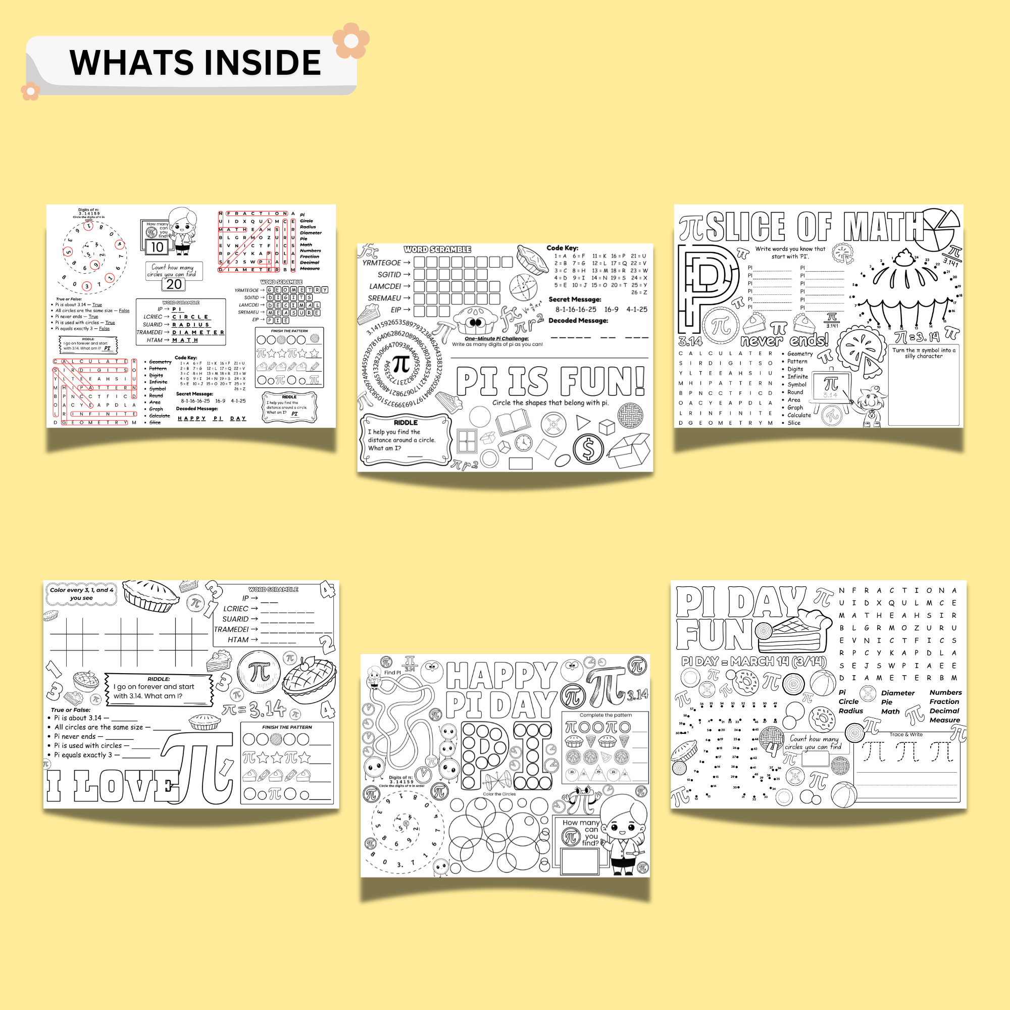 Pi Day Activity Placemats Printable PDF – Math Worksheets For Kids ...