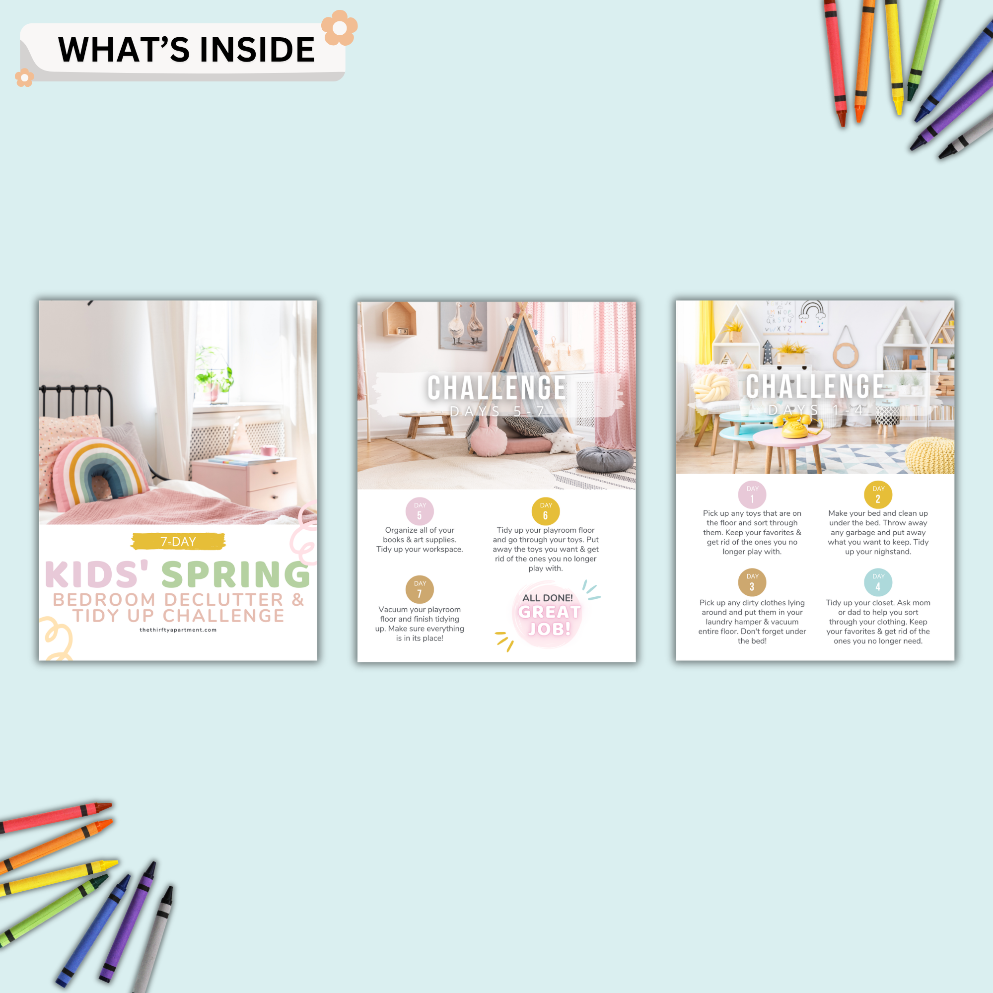 Kids Spring Cleaning Challenge Printable | 7-Day Bedroom Declutter & Tidy Up Chart PDF 2 kids cleaning printable preview showing 3 pages including declutter challenge days 1 to 7 bedroom cleaning checklist for kids