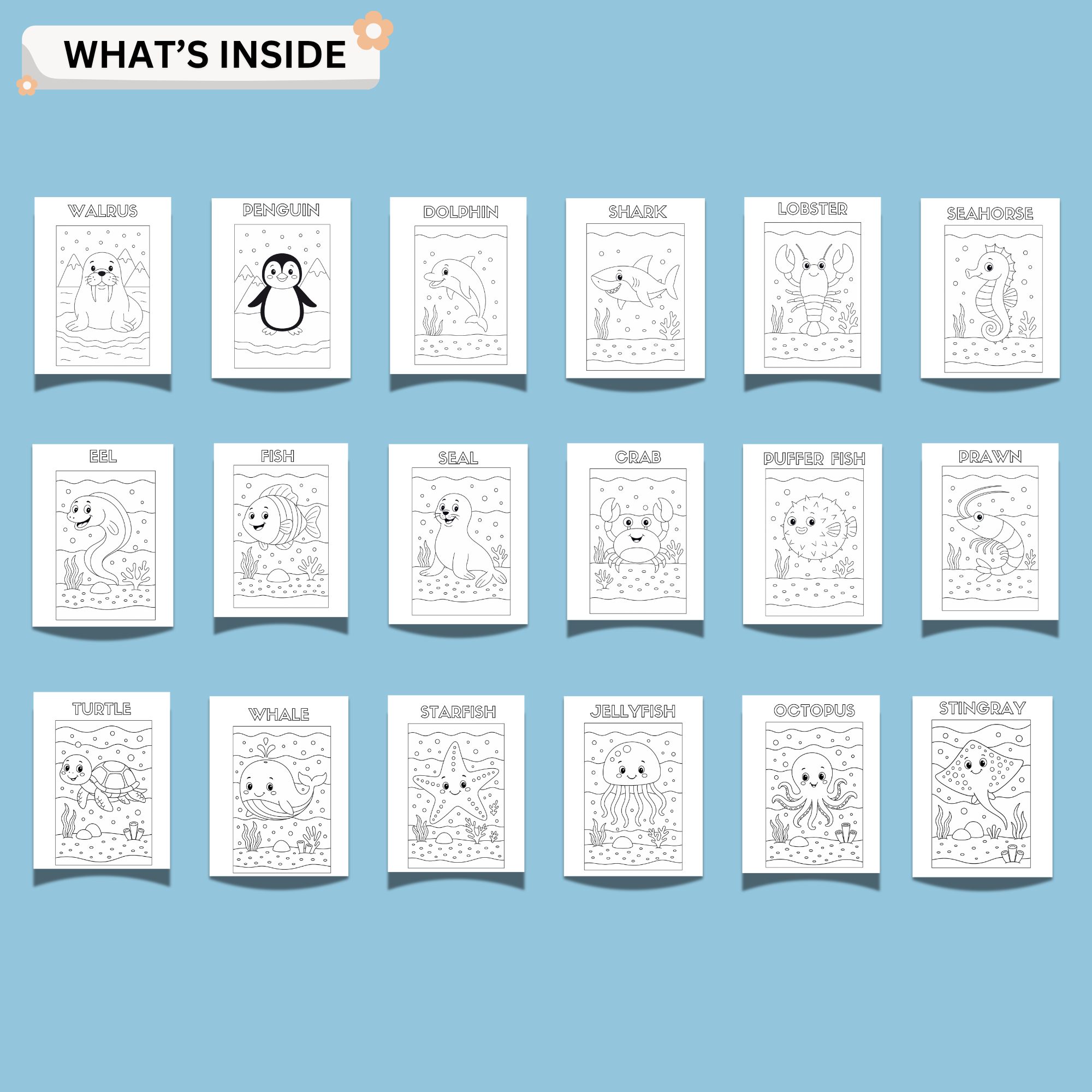 Ocean Animals Coloring Book Printable for Kids | 19 Pages PDF 2 Preview of ocean animals coloring book showing multiple pages with different sea animals like dolphin shark crab and seahorse