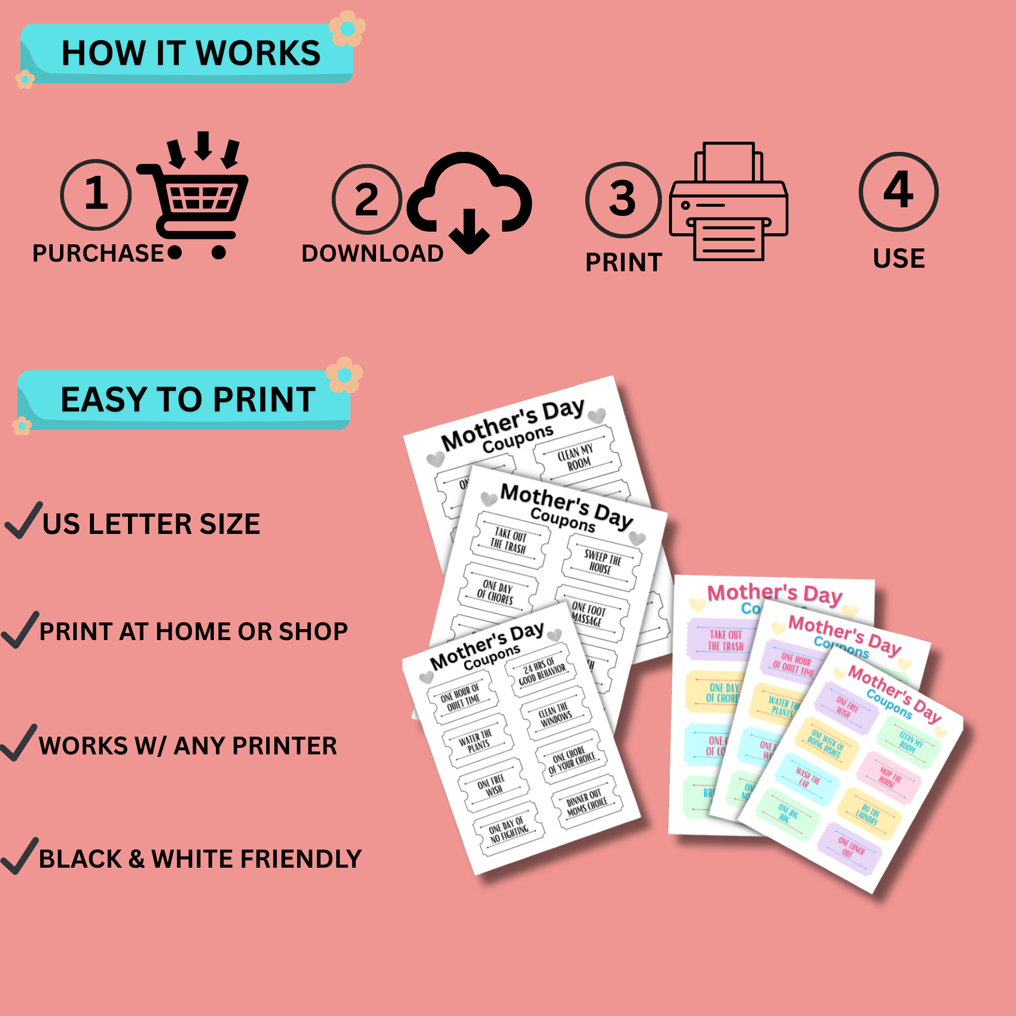 Mother’s Day Activity Bundle Printable PDF – Kids Coloring Pages, All About My Mom Worksheet, I Spy, Word Search, Instant Download 3 Step by step guide showing how to use printable Mother’s Day activities, purchase download print and use, easy DIY kids activity