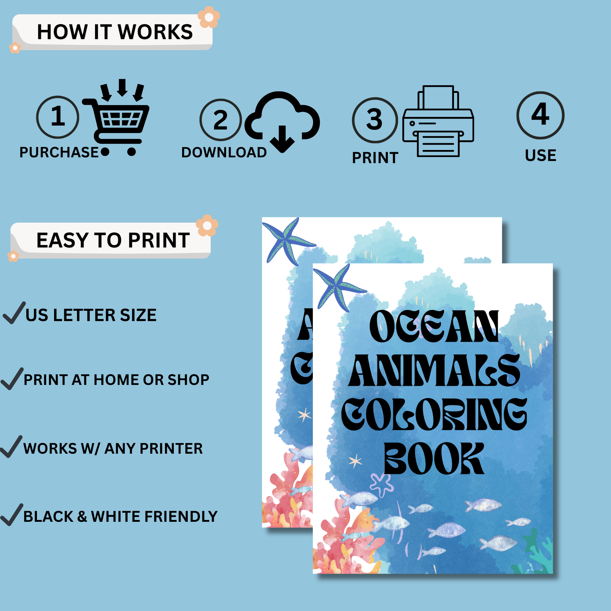 Ocean Animals Coloring Book Printable for Kids | 19 Pages PDF 3 Steps to use printable coloring book purchase download print and color ocean animals activity for kids