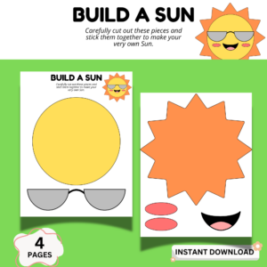 Build a sun craft printable for kids showing cut and paste activity with coloring worksheet for preschool summer craft.