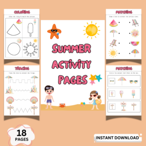 A preview of summer activity pages printable for kids showing tracing, coloring, and fun learning worksheets designed for preschool and early learners.