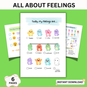 All about my feelings worksheet printable for kids showing emotions chart with happy, sad, angry, and coping skills activities for social emotional learning.