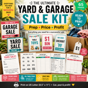 Printable yard and garage sale kit instructions showing purchase, download, print, and use process with garage sale signs, quick start guide, and printable sale templates.
