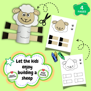 Cute build a sheep printable craft activity for kids featuring cut and paste sheep templates, coloring pages, scissors, crayons, and instant download PDF files for preschool and homeschool learning.