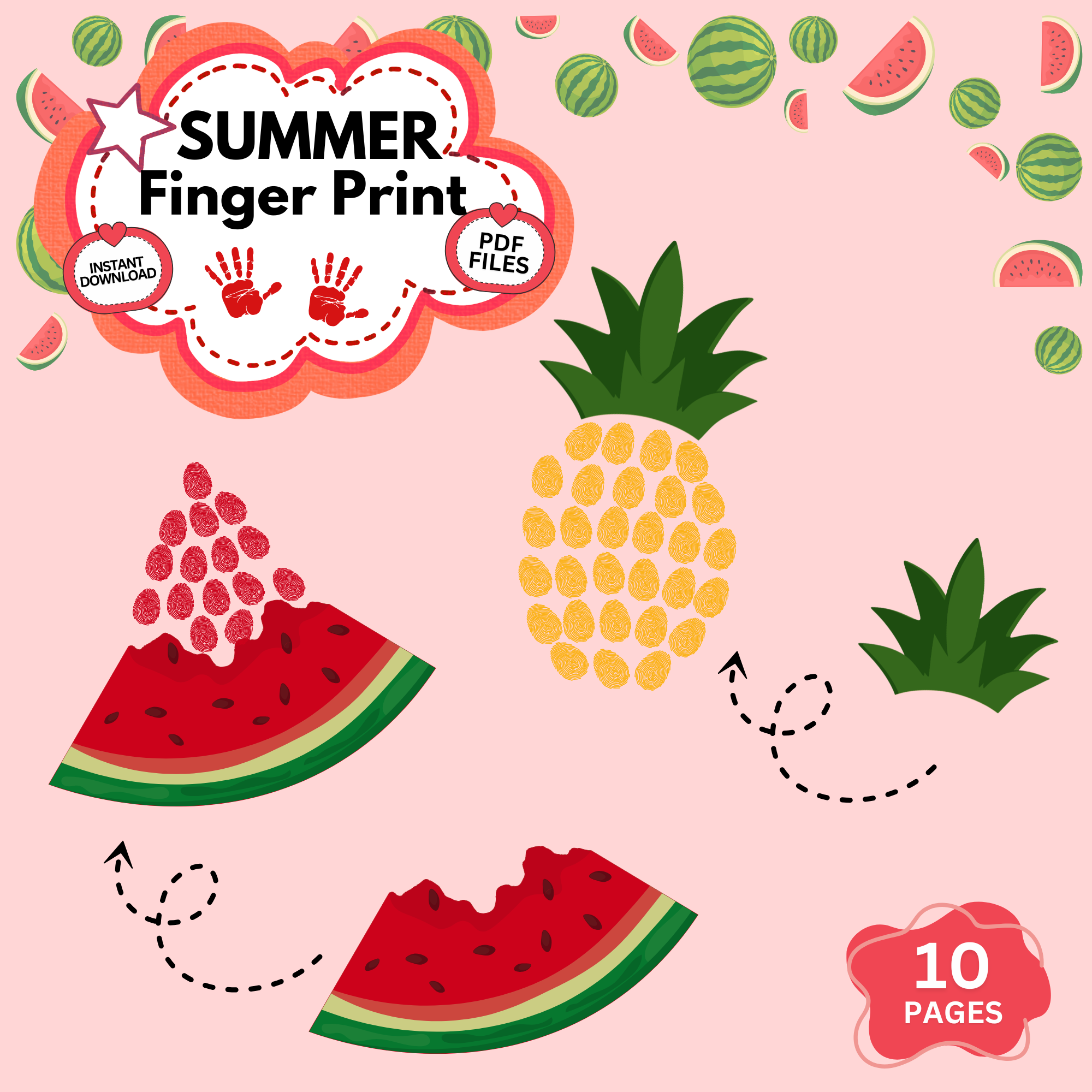 Summer Fingerprint Activity Printable Bundle for Kids – Summer Craft PDF Worksheets 1 Summer fingerprint art printable for kids featuring watermelon and pineapple fingerprint activities with instant download PDF worksheets for preschool and kindergarten learning.