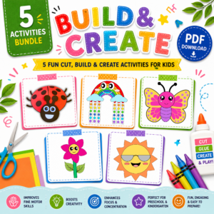 Colorful summer printable activity bundle for kids featuring ladybug, rainbow, butterfly, flower, and sun cut-and-paste crafts for preschool learning.