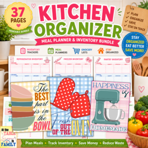 Kitchen organizer printable bundle featuring meal planners, pantry inventory trackers, freezer inventory sheets, grocery lists, and kitchen management pages.