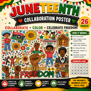 Juneteenth collaboration poster printable featuring Freedom Day coloring mural activity with cultural illustrations, teamwork activities, and classroom group coloring project.