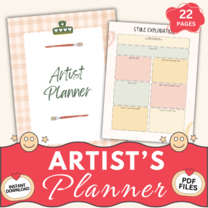 artist planner printable pdf cover, creative art journal planner, 22 pages art planner download, sketchbook and art tracker printable