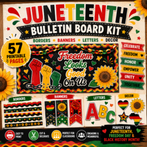 Juneteenth bulletin board kit printable featuring classroom banners, borders, letters, and Freedom Day decor for Black History Month classroom displays.