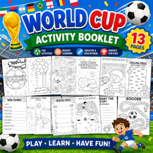 Printable World Cup soccer activity booklet for kids with coloring pages and worksheets.