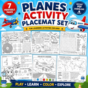 Colorful planes activity placemat printable bundle featuring airplane worksheets, coloring pages, word searches, and educational travel-themed activities for kids.