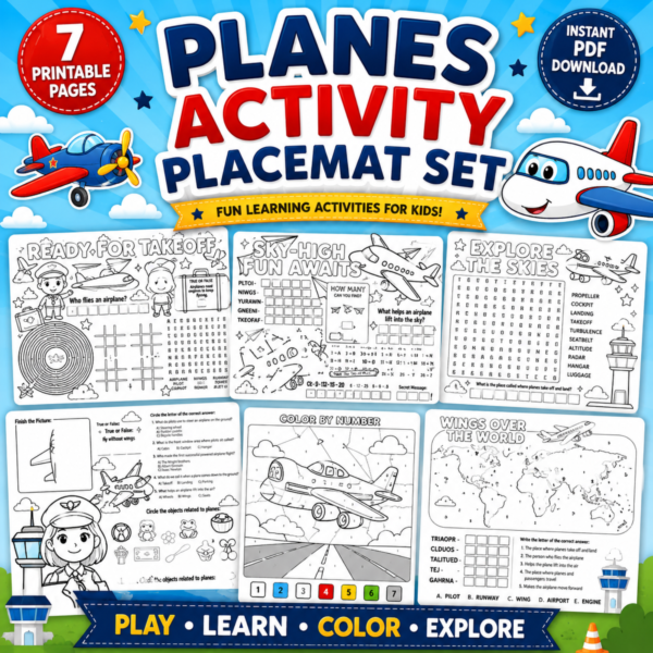 Planes Activity Placemat Set Printable PDF For Kids | Airplane ...