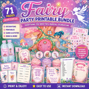 Magical fairy party printable bundle featuring fairy decorations, bingo cards, scavenger hunts, cupcake toppers, invitations, and party games.