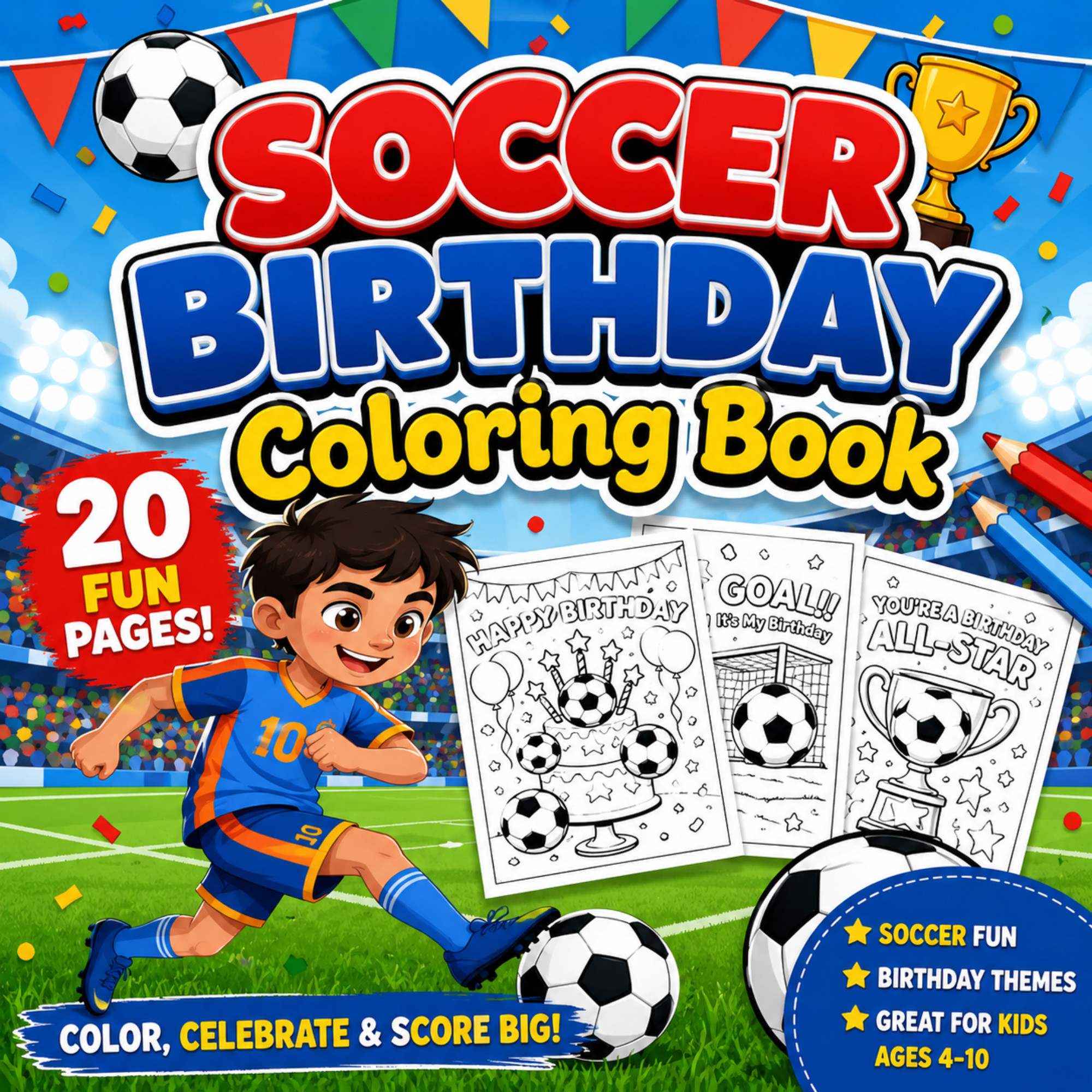 Soccer Birthday Coloring Book Printable for Kids | Soccer Party Activity PDF Bundle 1 Colorful soccer birthday coloring book printable cover featuring fun sports-themed coloring pages for kids.