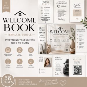 Modern Airbnb welcome book Canva template bundle featuring house rules, WiFi signs, parking instructions, and guest information pages for vacation rentals.