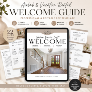 Modern Airbnb welcome book template displayed on a tablet mockup with editable vacation rental guide pages and neutral beige aesthetic.