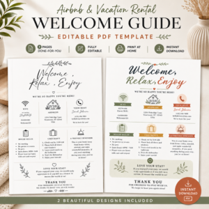 Editable Airbnb house rules sign templates featuring two printable welcome poster designs for vacation rentals and guest homes.
