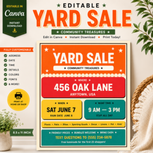 Bright editable yard sale flyer template with retro colors, printable layout, and Canva customization features for garage sales and community events.