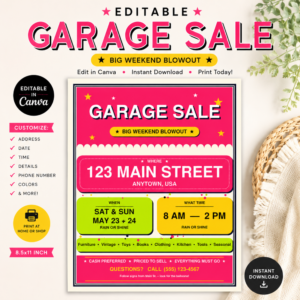 Bright editable garage sale flyer template with bold pink colors and printable Canva design for weekend sales and community events.