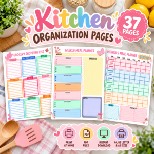 Kitchen Organizer Printable Bundle | Meal Planner, Grocery List & Pantry Inventory Tracker PDF
