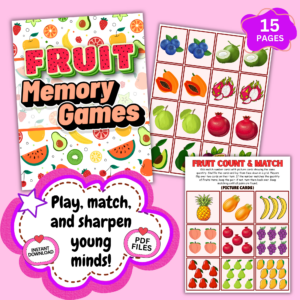 Fruit memory game printable for kids with colorful matching cards, alphabet and counting activities, educational PDF for preschool learning