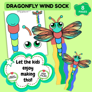 dragonfly wind sock craft printable for kids DIY paper craft activity with colorful dragonfly design and streamers