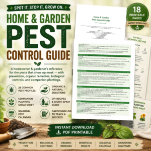 Home and Garden Pest Control Guide printable PDF mockup featuring pest profile pages, DIY pest control recipes, companion planting guide, and organic gardening reference pages.