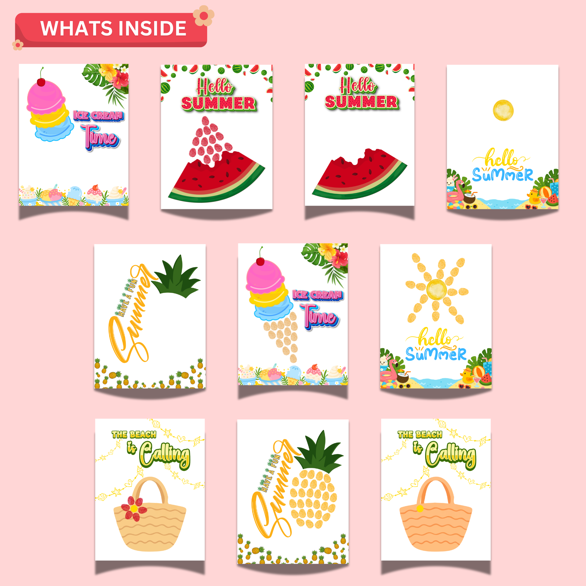 Summer Fingerprint Activity Printable Bundle for Kids – Summer Craft PDF Worksheets 2 Summer fingerprint activity printable bundle showing watermelon, pineapple, sunshine, beach bag, and ice cream fingerprint art worksheets for toddlers and preschool kids.