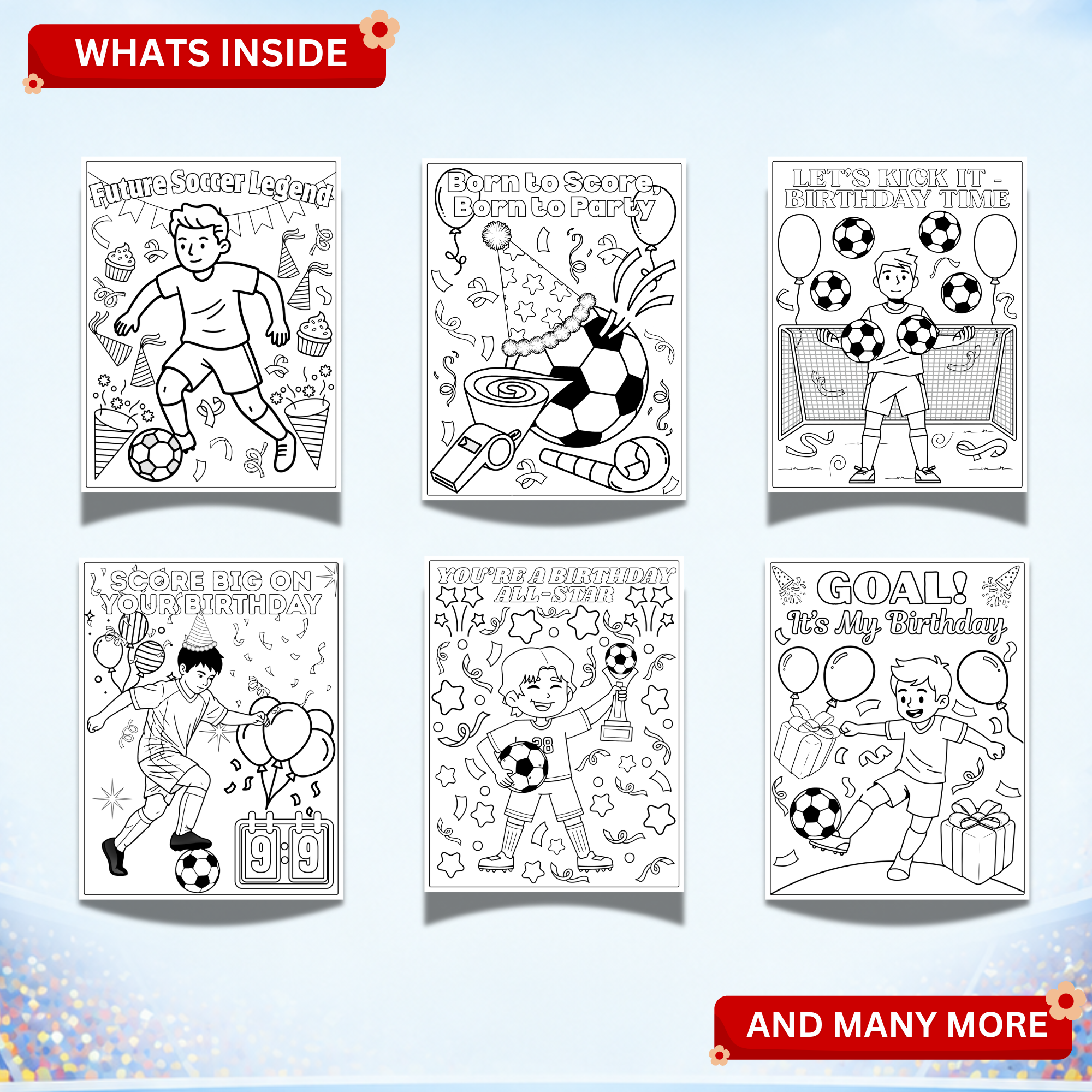 Soccer Birthday Coloring Book Printable for Kids | Soccer Party Activity PDF Bundle 2 Preview of soccer birthday coloring pages included in the printable PDF activity bundle for kids.