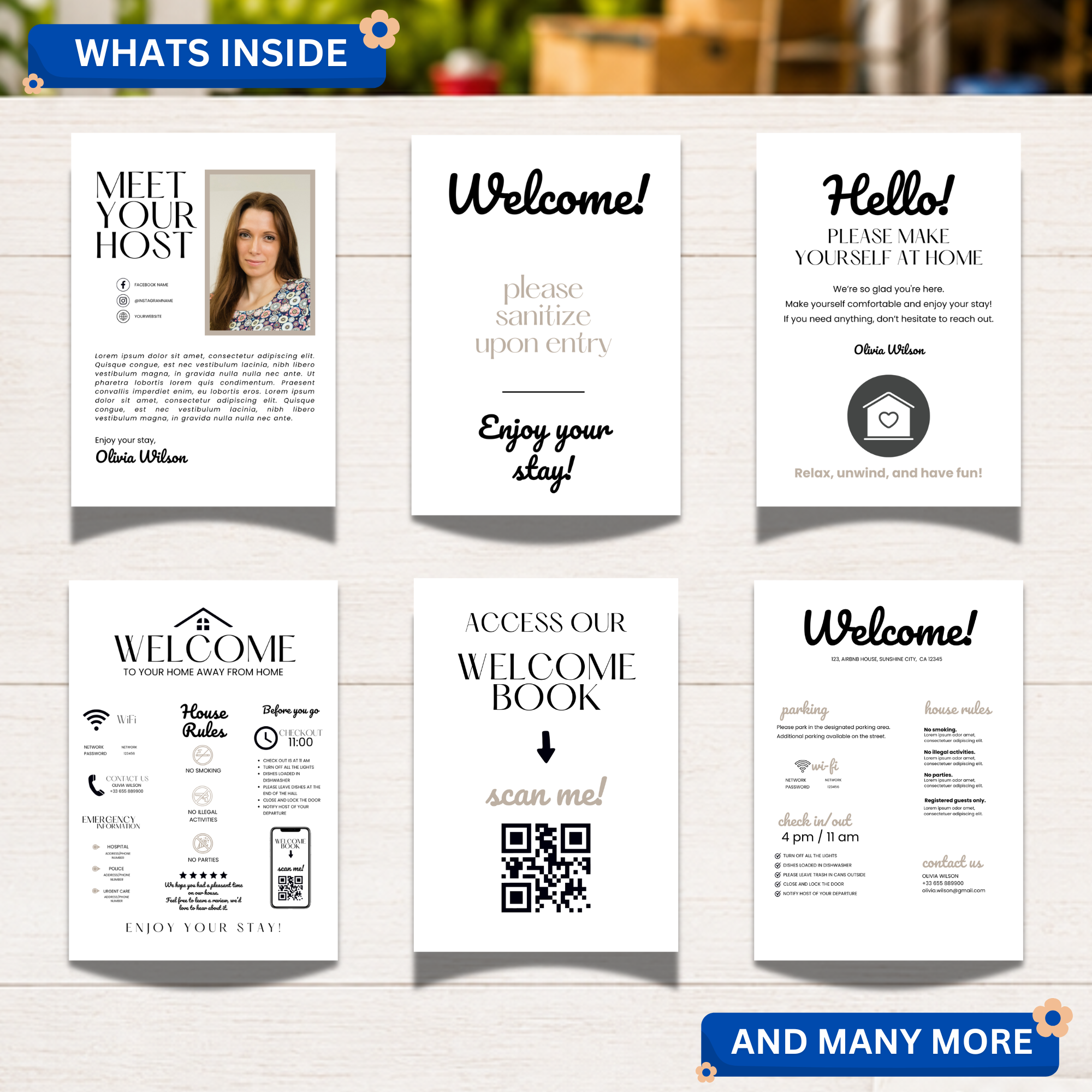 Editable Airbnb Welcome Book Template Bundle | Vacation Rental Signs | Canva Host Guide for Airbnb & VRBO 3 Preview of editable Airbnb welcome book pages including host introduction, welcome signs, QR code access, and guest information templates.