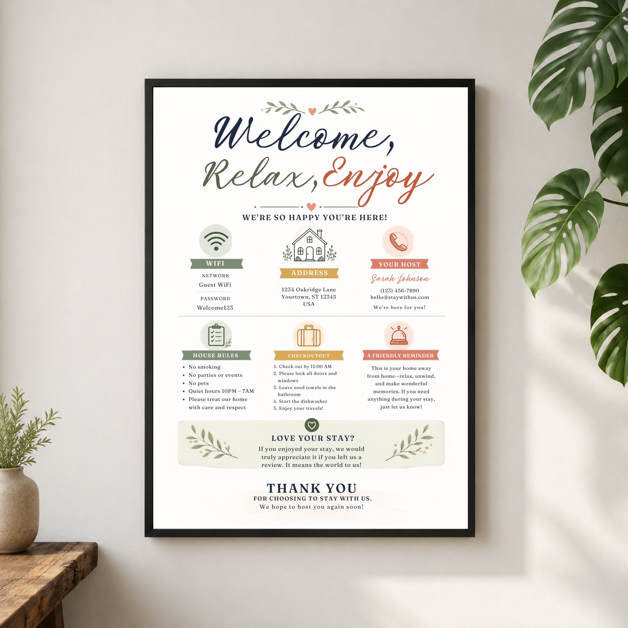 Editable Airbnb House Rules Sign Template – Printable Vacation Rental Welcome Poster for Canva 2 Framed Airbnb welcome sign with house rules, WiFi information, checkout reminders, and modern colorful design displayed in a minimalist interior.