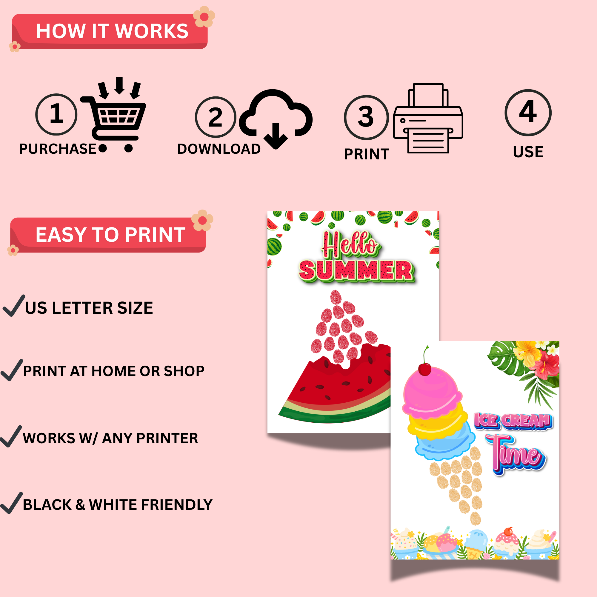 Summer Fingerprint Activity Printable Bundle for Kids – Summer Craft PDF Worksheets 3 Summer fingerprint printable activity instructions showing purchase, download, print, and use steps with easy-to-print summer worksheets for kids.
