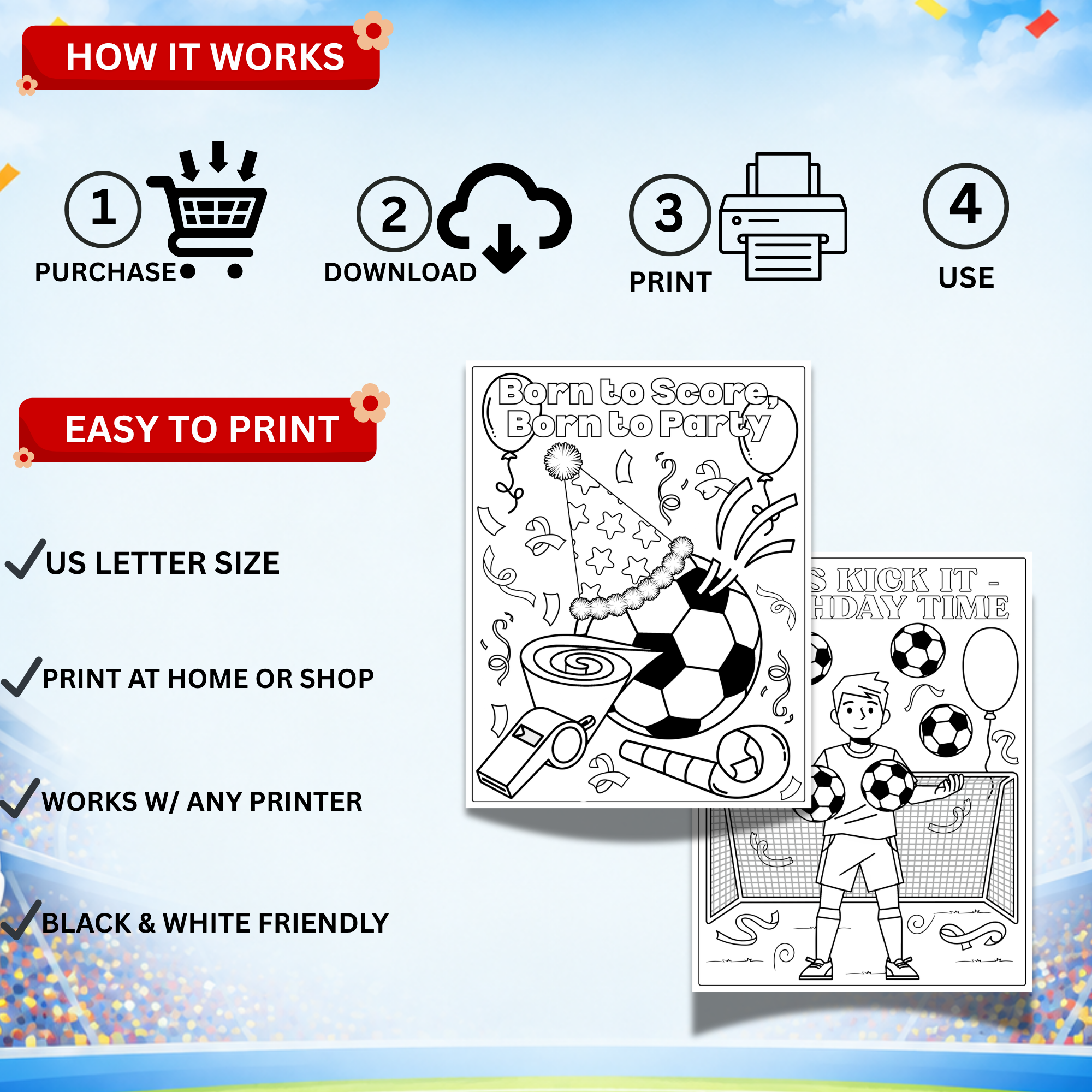 Soccer Birthday Coloring Book Printable for Kids | Soccer Party Activity PDF Bundle 3 How it works image for soccer birthday coloring book printable PDF showing purchase, download, print, and use process.