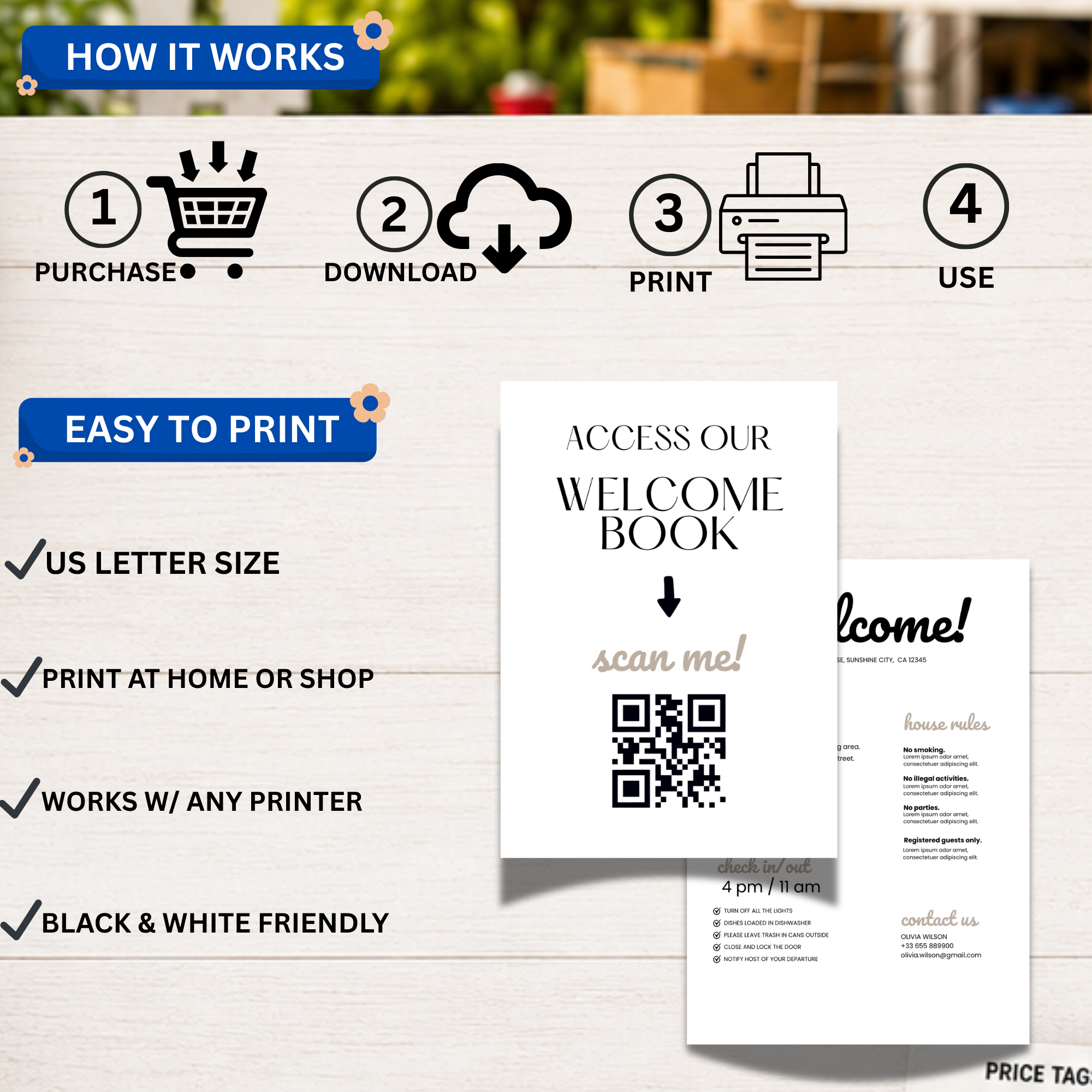 Editable Airbnb Welcome Book Template Bundle | Vacation Rental Signs | Canva Host Guide for Airbnb & VRBO 2 Step-by-step Airbnb printable template guide showing purchase, download, print, and use process with easy-to-print welcome book pages.