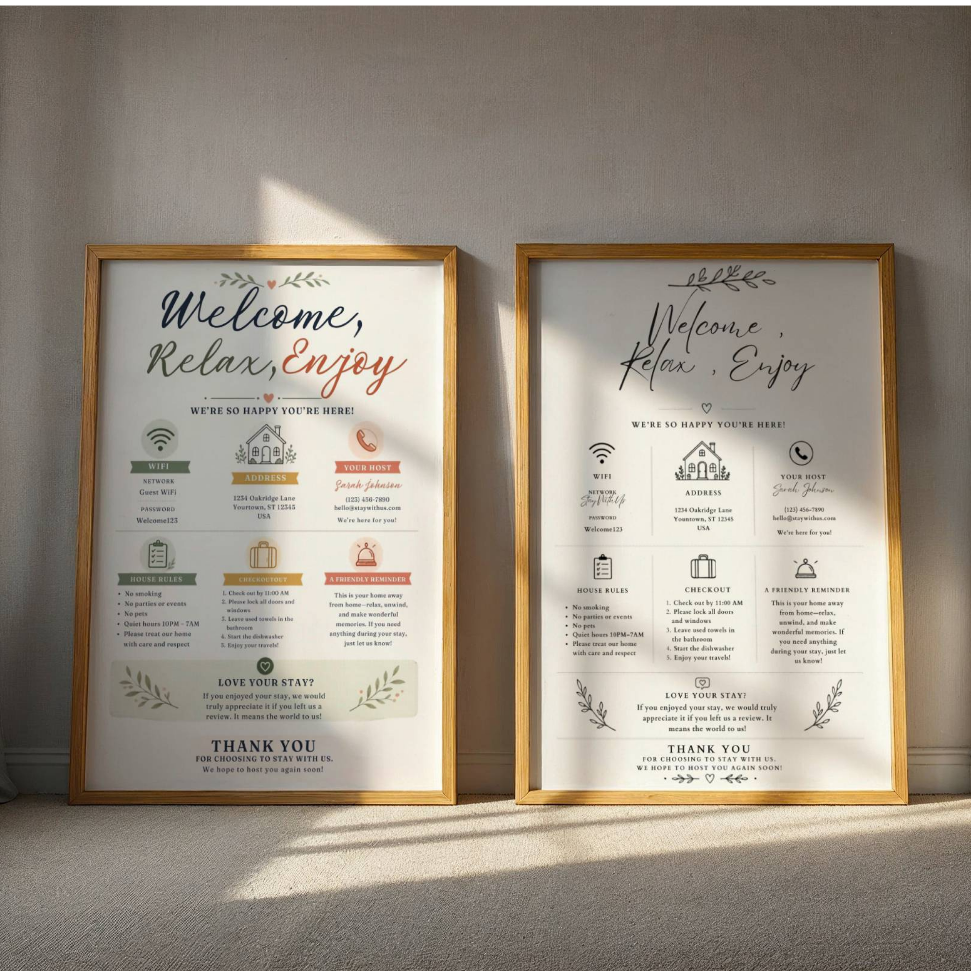 Editable Airbnb House Rules Sign Template – Printable Vacation Rental Welcome Poster for Canva 3 Two framed Airbnb house rules printable posters displayed together in a cozy minimalist interior with natural lighting.
