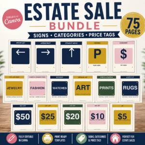 Estate Sale Bundle Template – Editable Canva Signs, Flyer, Tracker & Printable Kit