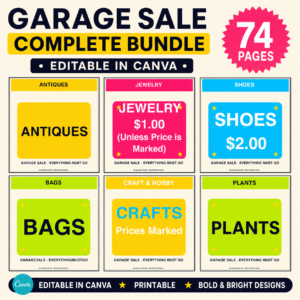 Garage Sale Bundle Printable PDF, Editable Canva Yard Sale Signs & Price Tags, 74 Page Kit for Families, Moving Sales and Weekend Sellers