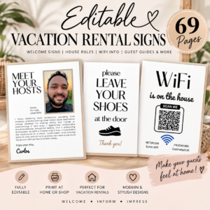 Editable Vacation Rental Signs, 69 Page Airbnb Guest Sign Bundle, House Rules, WiFi, Welcome Signs, Guest Guide, Host Printable